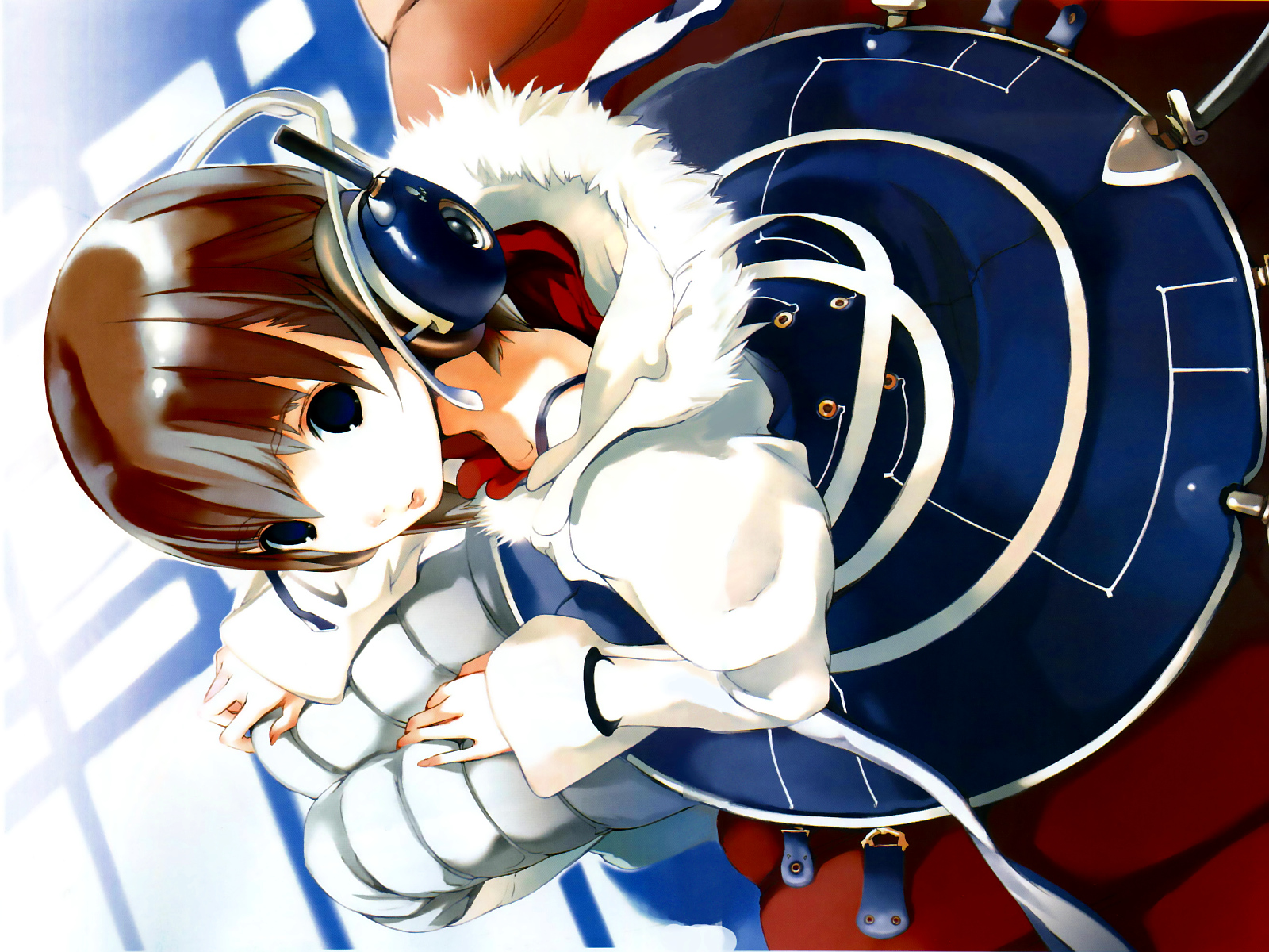 houden eizou, girl's avenue, megami magazine, fur, highres, non-web source, 1girl, blue eyes, boots, brown hair, female focus, from above, headphones, knee boots, looking back, looking up, short hair, sitting, skirt, solo