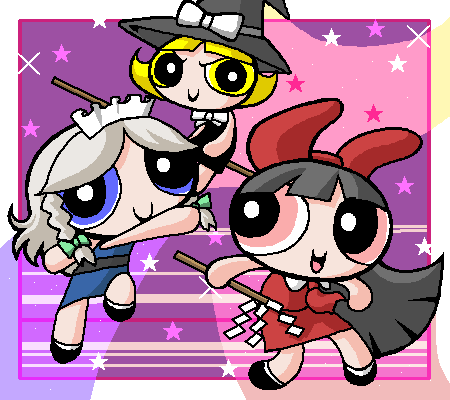 blossom (ppg), bubbles (ppg), buttercup (ppg), hakurei reimu, izayoi sakuya, kirisame marisa, powerpuff girls, touhou, lowres, bubble, cosplay, crossover, hakurei reimu (cosplay), izayoi sakuya (cosplay), kirisame marisa (cosplay), oekaki, parody, style parody