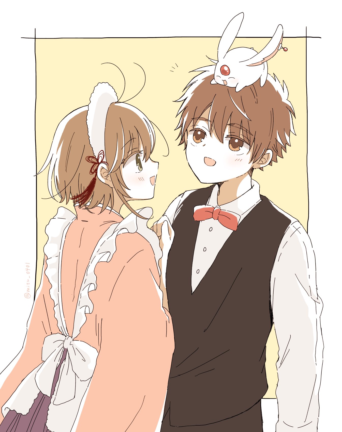 mizu 0401, kinomoto sakura, li syaoran, cardcaptor sakura, commentary, highres, 1boy, 1girl, :d, animal, animal on head, antenna hair, black vest, blush, bow, bowtie, brown eyes, brown hair, collared shirt, green eyes, japanese clothes, kimono, long sleeves, on head, open mouth, pink kimono, rabbit, red bow, red bowtie, shirt, short hair, simple background, smile, upper body, vest, white shirt