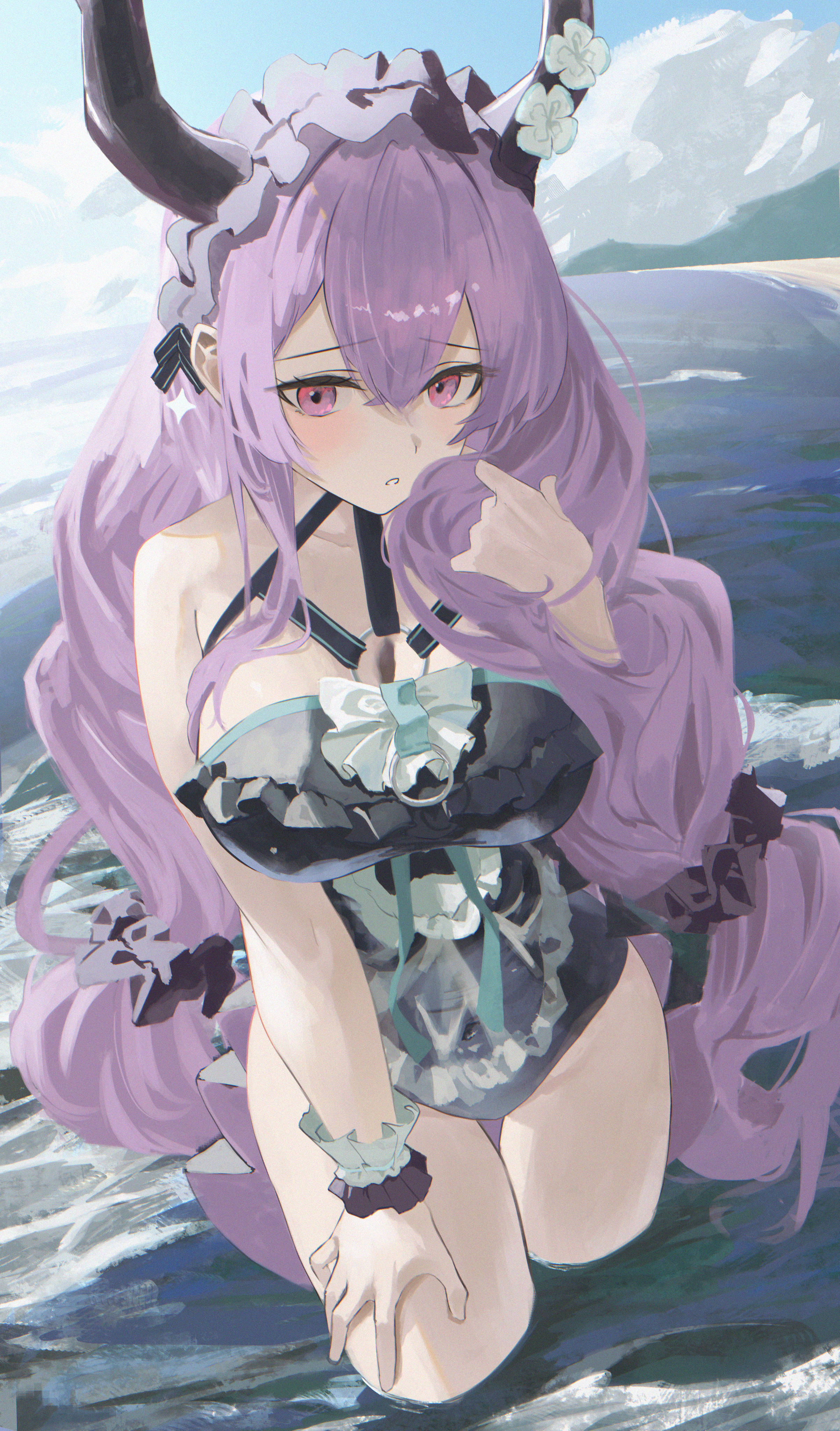 shikyou yoru, typhon (arknights), typhon (temperature difference) (arknights), arknights, absurdres, commentary, highres, 1girl, :o, aqua one-piece swimsuit, aqua ribbon, arm up, bare shoulders, black hairband, black horns, black one-piece swimsuit, bracelet, breasts, collarbone, covered navel, flower, frilled hairband, frilled one-piece swimsuit, frills, hair between eyes, hair over shoulder, hairband, horn flower, horn ornament, horns, jewelry, large breasts, light blush, long hair, looking at viewer, multicolored one-piece swimsuit, navel, ocean, one-piece swimsuit, open mouth, outdoors, pink eyes, purple hair, ribbon, scrunchie, sidelocks, solo, swimsuit, thighs, very long hair, wading, white flower, wrist scrunchie