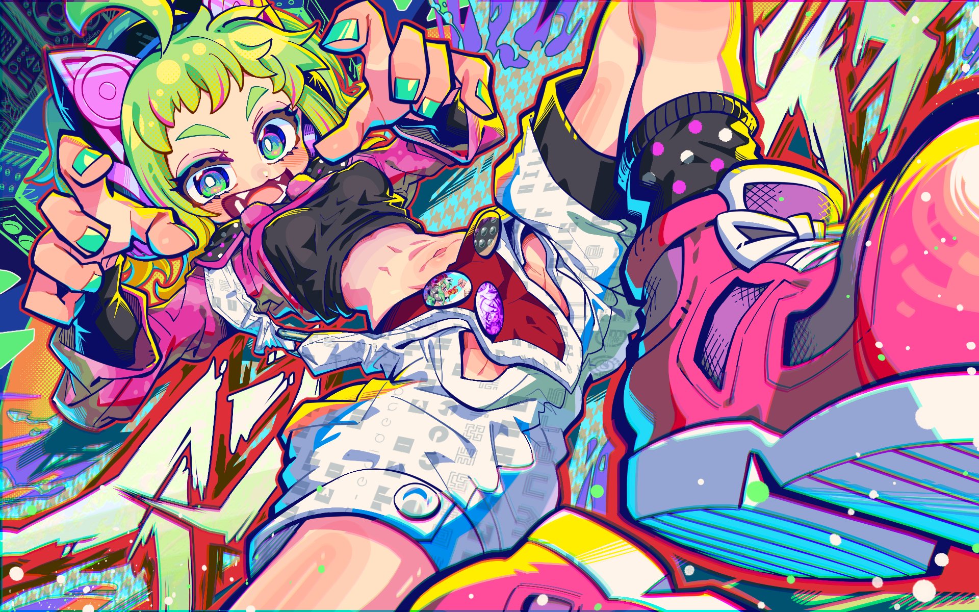 dedeen, antenna (dohna dohna), dohna dohna issho ni warui koto o shiyou, highres, 1girl, ahoge, badge, black shirt, black socks, blurry, bright pupils, button badge, depth of field, eyelashes, fangs, foreshortening, green eyes, green hair, green nails, looking at viewer, midriff, navel, open mouth, polka dot, polka dot socks, shirt, shorts, socks, solo, suspenders, toned, toned female, white pupils, white shorts