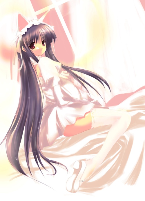 hazuki (tsukuyomi), tsukuyomi moonphase, lace-trimmed legwear, duplicate, 00s, animal ears, cat ears, choker, lace, lace trim, mary janes, shoes, solo, thighhighs, zettai ryouiki
