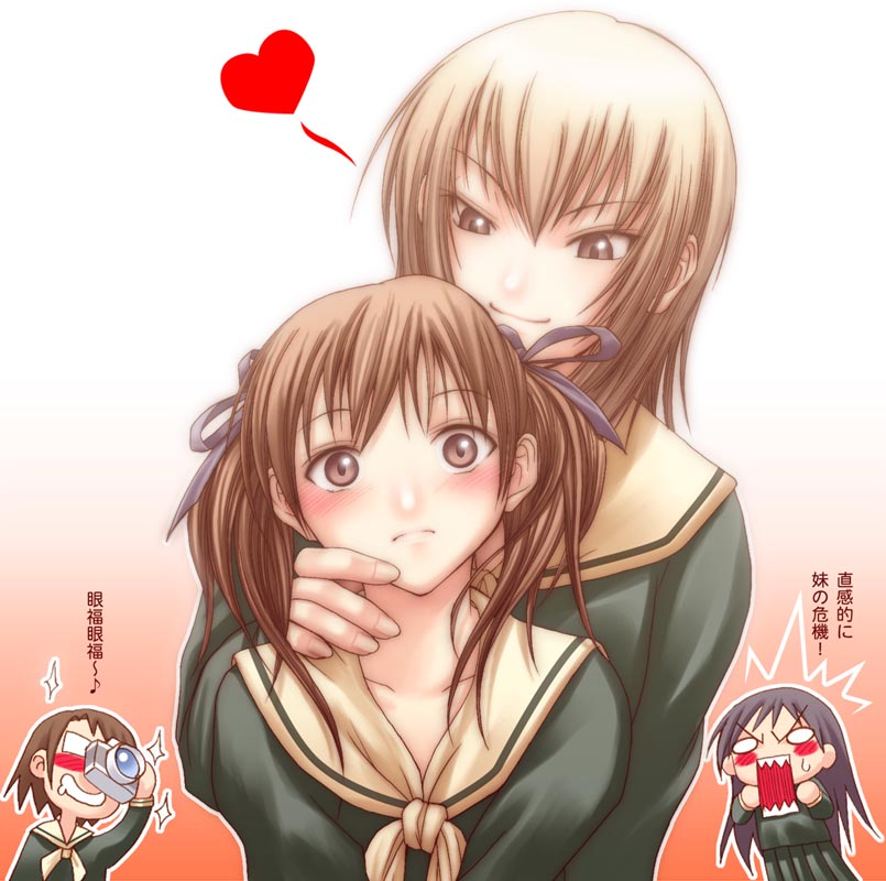 chiba toshirou, fukuzawa yumi, ogasawara sachiko, satou sei, takeshima tsutako, maria-sama ga miteru, translation request, 00s, 4girls, ^^^, blonde hair, blush, bow, brown eyes, brown hair, camera, hair bow, heart, multiple girls, petite, school uniform, serafuku