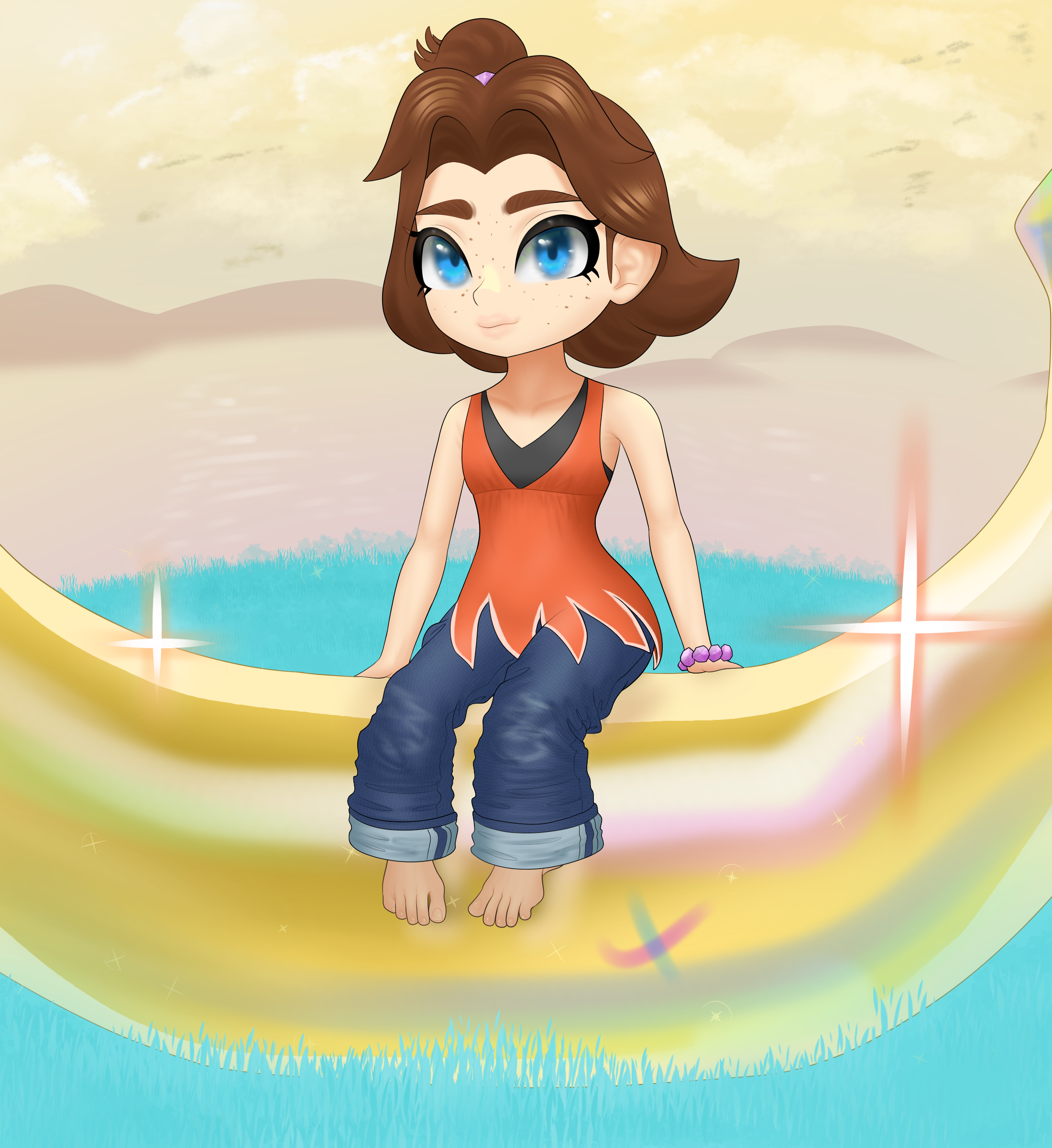 pauline (mario), pauline (young) (mario), donkey kong (series), donkey kong bananza, nintendo, artist request, highres, 1girl, armpit crease, arms at sides, baggy pants, bare shoulders, barefoot, blue eyes, brown hair, collarbone, curtained hair, denim, expressionless, eyelashes, feet, female focus, flat chest, freckles, full body, hair intakes, jeans, lips, long hair, looking at viewer, neck, outdoors, oversized food, oversized object, pants, pants rolled up, parted bangs, shirt, side ponytail, sidelocks, sitting, sleeveless, sleeveless shirt, sparkle, toenails, toes, topknot, v-neck, wristband