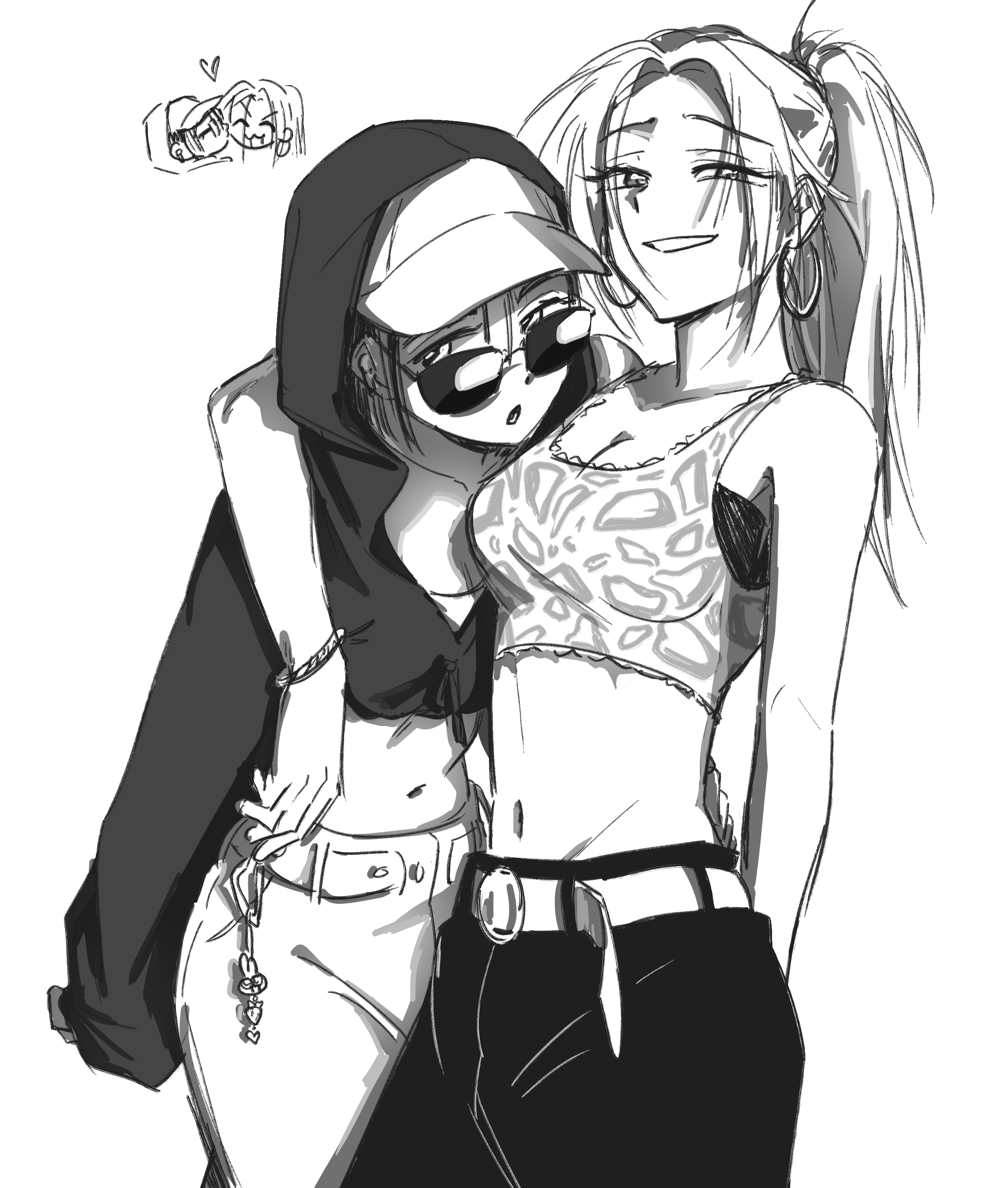 br3adhouse, alien stage, absurdres, commentary, hashtag-only commentary, highres, 2girls, animal print, arm around shoulder, baseball cap, belt, bracelet, carabiner, charm (object), cropped hoodie, earrings, greyscale, hat, heart, hood, hood up, hoodie, hoop earrings, jewelry, kiss, kissing cheek, leopard print, long hair, midriff, monochrome, multiple girls, navel, official alternate costume, pants, ponytail, smile, sunglasses, yuri