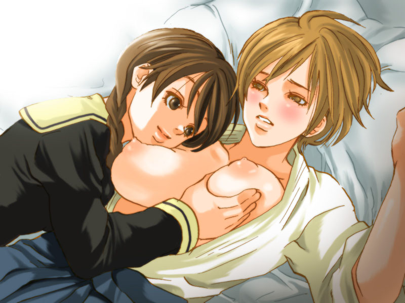 hasekura rei, shimazu yoshino, maria-sama ga miteru, artist request, 00s, 2girls, bed, blush, breast pillow, breasts, brown eyes, brown hair, grabbing another's breast, groping, large breasts, multiple girls, nipples, no bra, school uniform, serafuku, squeezing, yuri