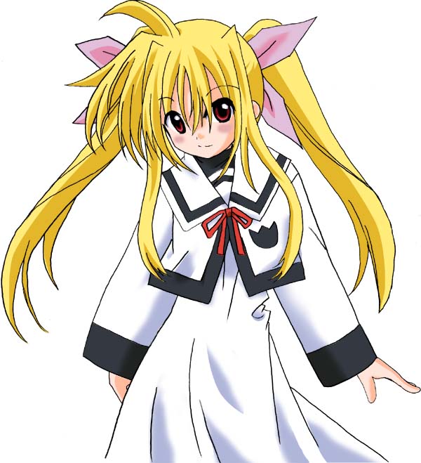 fate testarossa, lyrical nanoha, mahou shoujo lyrical nanoha, 00s, 1girl, blonde hair, female focus, hair ribbon, red eyes, ribbon, school uniform, serafuku, solo, twintails