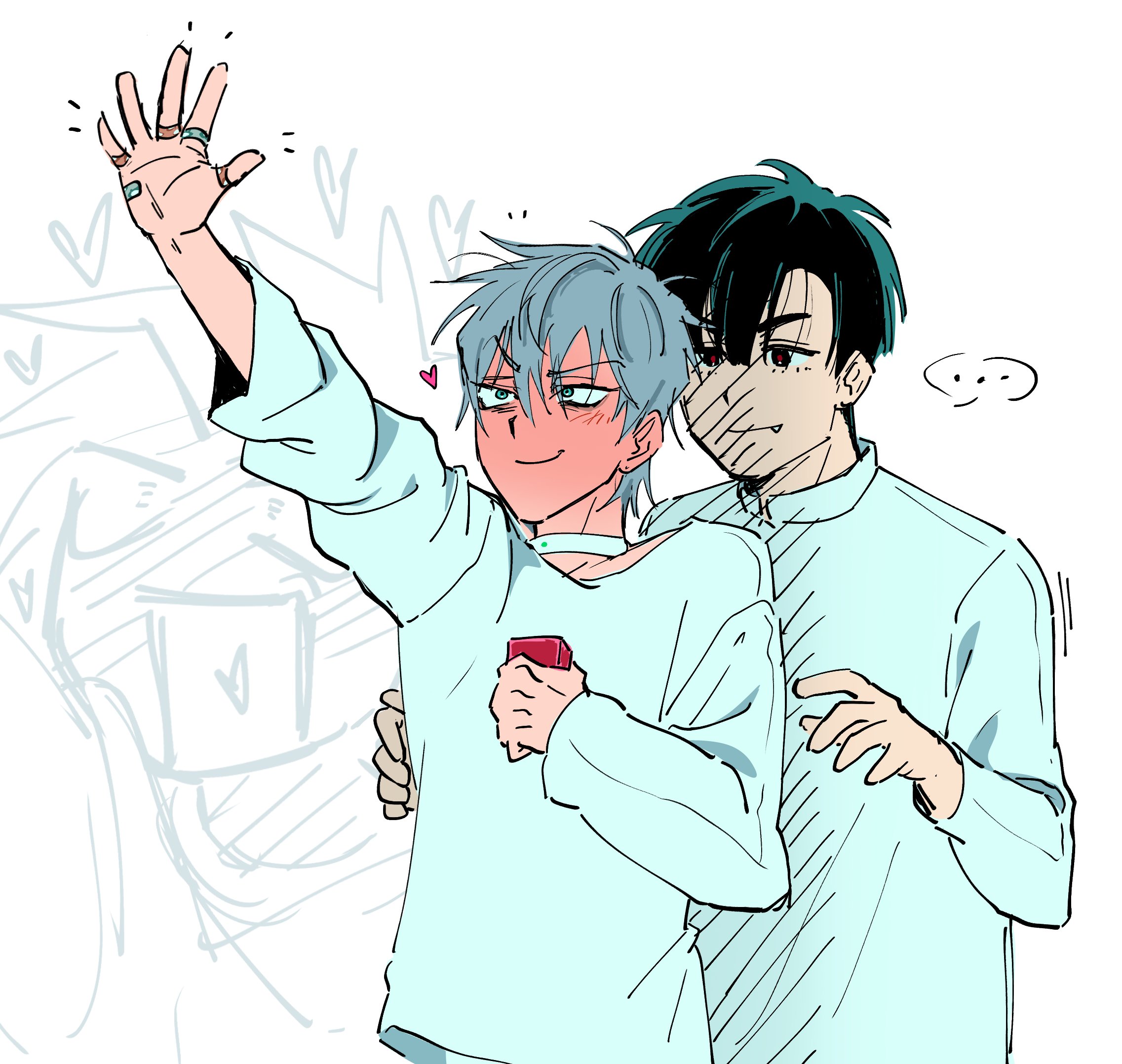 br3adhouse, ivan (alien stage), till (alien stage), alien stage, commentary, hashtag-only commentary, highres, …, 2boys, bandaid, bandaid on finger, black eyes, black hair, blush, box, fang, fang out, full-face blush, green eyes, grey hair, heart, holding, holding box, long sleeves, male focus, multiple boys, red pupils, shirt, spoken ellipsis, white shirt