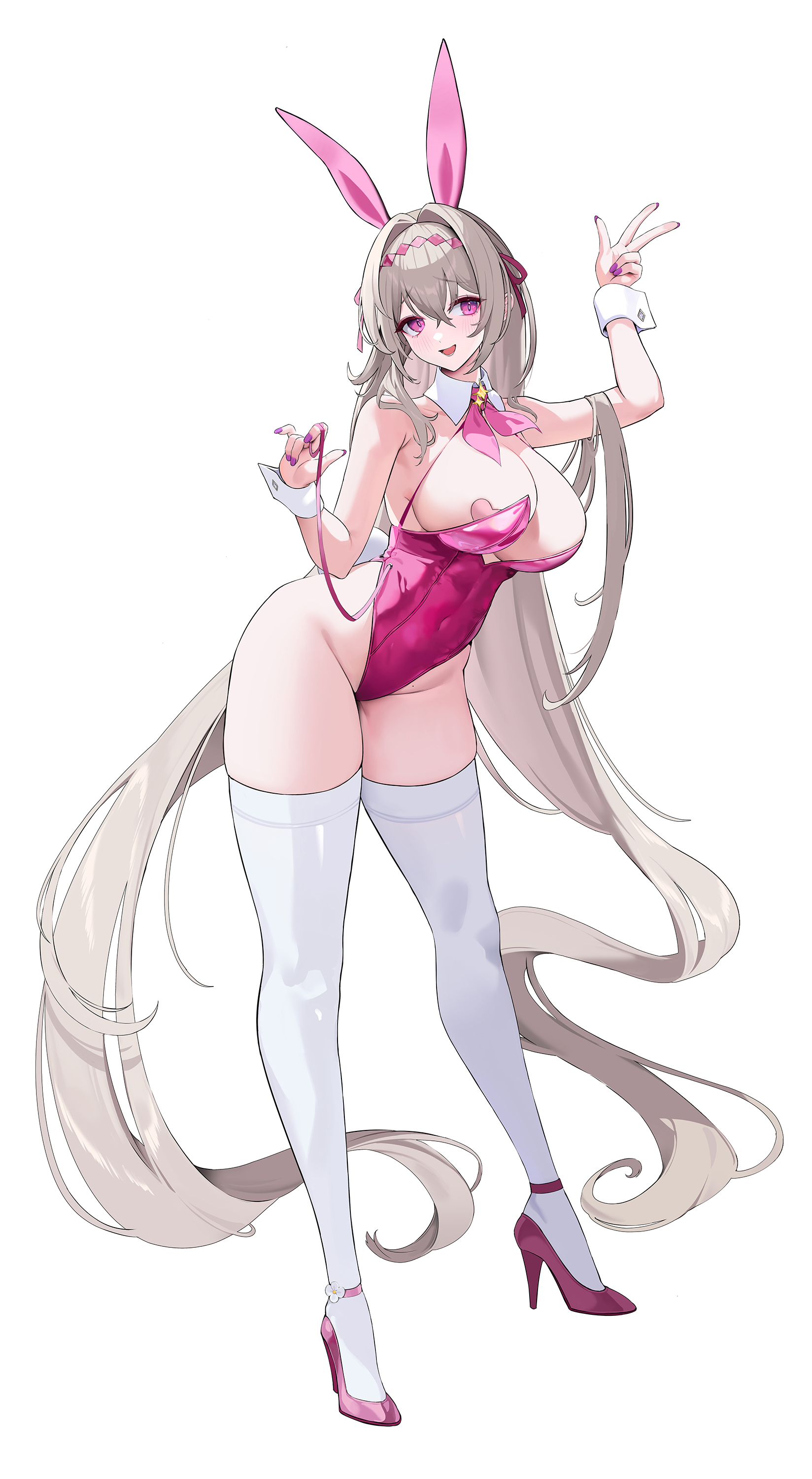 laevan, black survival, eternal return: black survival, absurdres, character request, highres, 1girl, :d, animal ears, arms up, bare arms, bare shoulders, breasts, detached collar, fake animal ears, fake tail, full body, grey hair, hair between eyes, hair ornament, high heels, highleg, highleg leotard, large breasts, leotard, long hair, looking at viewer, nail polish, open mouth, pink leotard, playboy bunny, purple eyes, purple nails, rabbit ears, rabbit tail, shoes, simple background, smile, solo, standing, tail, thighhighs, thighs, white shoes, white thighhighs, wrist cuffs