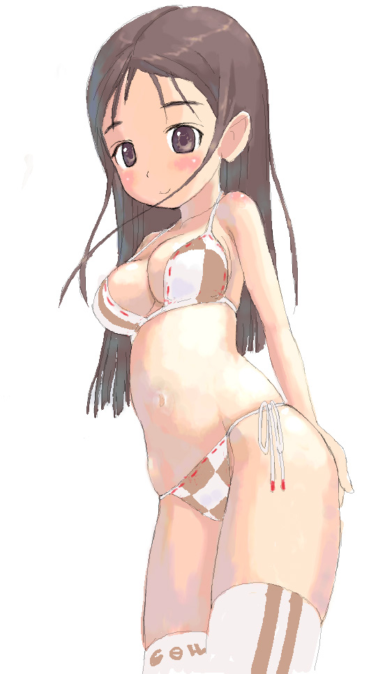 tougetsu gou, original, 1girl, bikini, blush, breasts, brown eyes, brown hair, checkered bikini, checkered clothes, female focus, long hair, medium breasts, side-tie bikini bottom, solo, swimsuit
