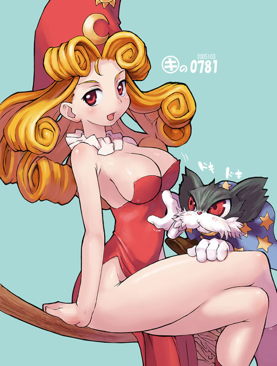 kei jiei, gabriel (princess crown), proserpina, atlus, princess crown, 00s, 1girl, 2005, :d, areola slip, bare shoulders, blush, boots, breasts, broom, broom riding, cape, cleavage, crescent, crossed legs, curly hair, dress, female focus, gloves, goblin, hat, jewelry, large breasts, legs, long hair, looking at viewer, necklace, no bra, open mouth, orange hair, red eyes, side slit, sideboob, sidesaddle, simple background, sitting, smile, solo, witch, witch hat