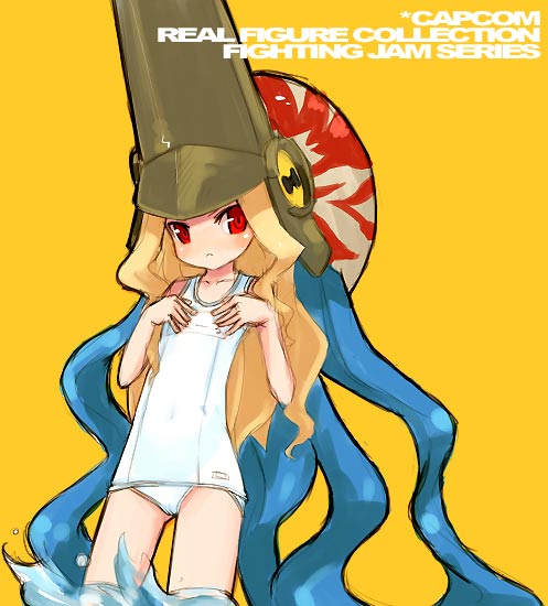 mota, nool, capcom, capcom fighting jam, warzard, gender request, 1girl, blonde hair, blush, female focus, genderswap, hat, helm, helmet, long hair, midnight bliss, mollusc shell, monster girl, one-piece swimsuit, red eyes, school swimsuit, shell, solo, swimsuit, tentacles, thighhighs, white one-piece swimsuit, white school swimsuit, white thighhighs, yellow background