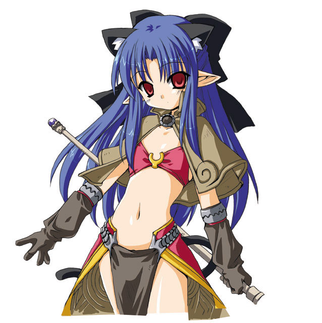 len (tsukihime), melty blood, ragnarok online, tsukihime, type-moon, 1girl, animal ear fluff, animal ears, blue hair, cat ears, crossover, female focus, half updo, parody, pointy ears, red eyes, solo