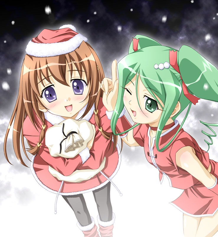 igul, kuroki manatsu, tachibana ichika, utakata, 00s, 2girls, bag, blush, brown hair, christmas, green eyes, green hair, hat, long sleeves, mini hat, multiple girls, one eye closed, pantyhose, purple eyes, sack, santa costume, santa hat, snow, snowing, wink