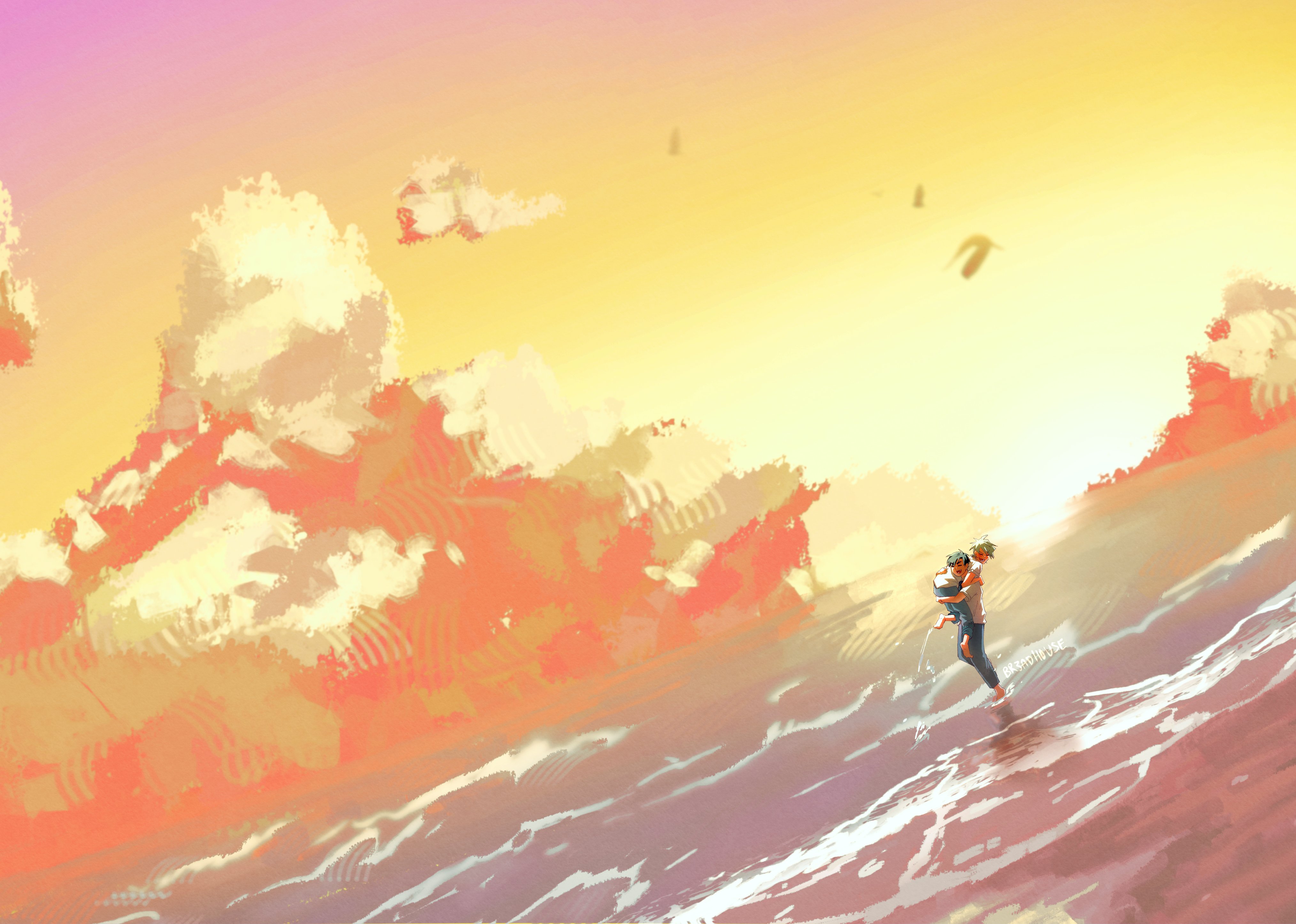 br3adhouse, ivan (alien stage), till (alien stage), alien stage, absurdres, commentary, hashtag-only commentary, highres, 2boys, beach, black hair, blue pants, carrying, carrying person, cloud, grey hair, multiple boys, outdoors, pants, shirt, signature, sunset, wading, water, white shirt, wide shot