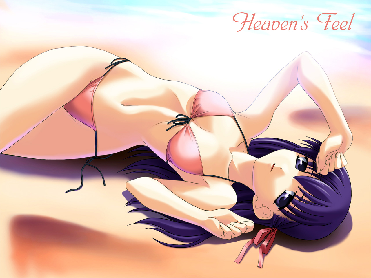 norizou type-r, matou sakura, fate/stay night, fate (series), duplicate, 00s, bikini, pink bikini, purple eyes, purple hair, side-tie bikini bottom, swimsuit