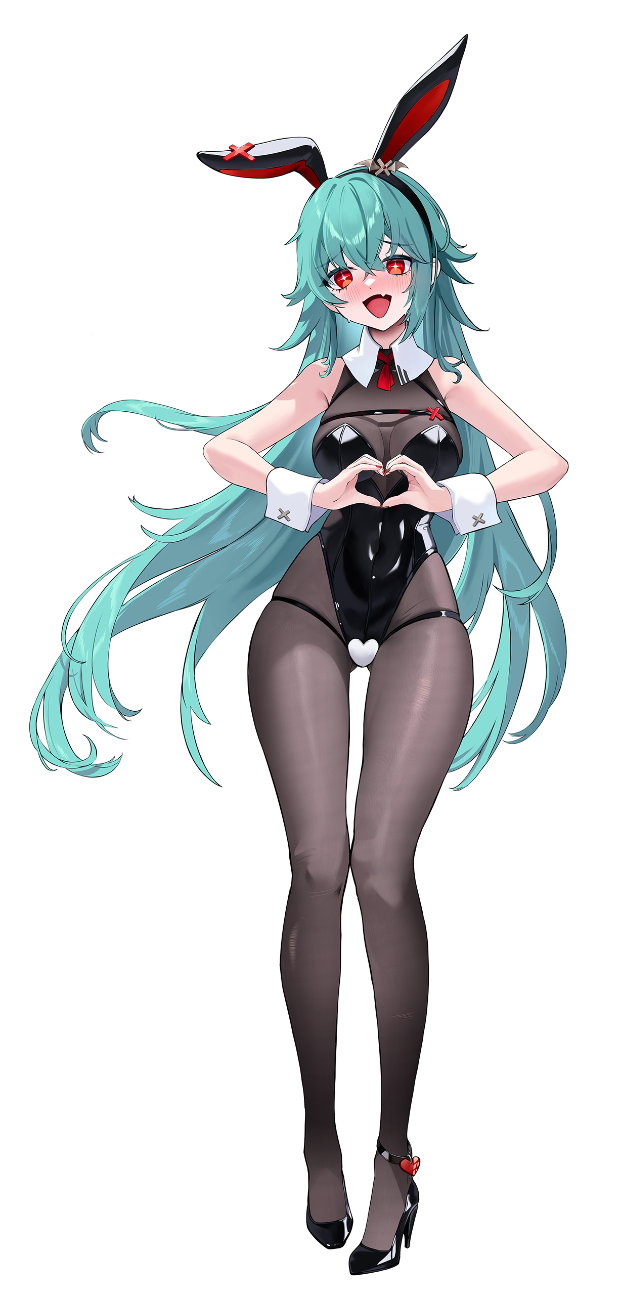 laevan, black survival, eternal return: black survival, absurdres, character request, highres, 1girl, :d, animal ears, bare arms, bare shoulders, black hairband, black leotard, black pantyhose, black shoes, breasts, fake animal ears, full body, green hair, hair between eyes, hair ornament, hairband, heart, heart hands, high heels, highleg, highleg leotard, large breasts, leotard, long hair, looking at viewer, open mouth, pantyhose, playboy bunny, rabbit ears, red eyes, shoes, simple background, smile, solo, standing, tail, thighs, wrist cuffs
