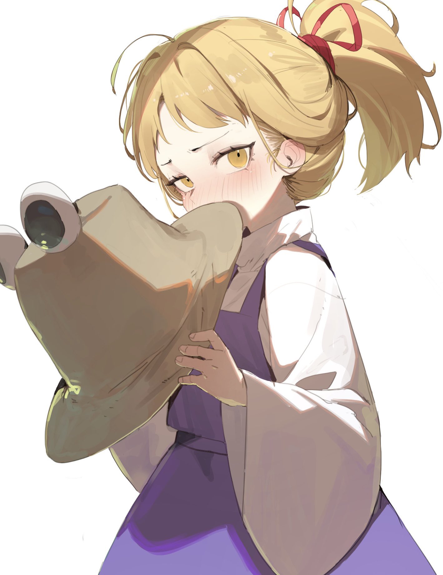 heoningu, moriya suwako, touhou, highres, 1girl, blonde hair, blush, brown hat, covering own mouth, dress, hair ribbon, hair tie, hat, long sleeves, looking at viewer, ponytail, purple dress, ribbon, simple background, solo, wide sleeves, yellow eyes