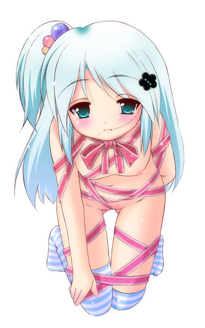 shiou tsuyukusa, original, 1girl, aqua hair, breasts, female focus, green eyes, long hair, naked ribbon, nipples, ribbon, side ponytail, simple background, small breasts, solo, striped clothes, striped thighhighs, thighhighs, white background
