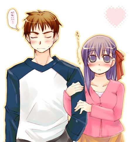 misaki kozue, emiya shirou, matou sakura, fate/stay night, fate (series), lowres, 00s, arm clutch, arm hug, raglan sleeves, speech bubble, thought bubble