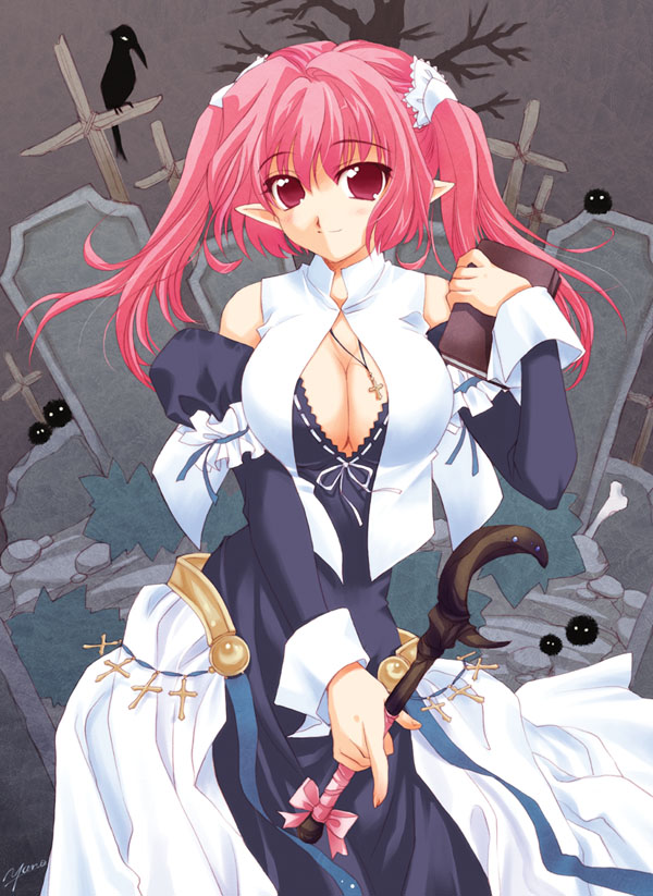 yano takumi, original, elf, fantasy, graveyard, pink hair, pointy ears, red eyes, solo, twintails, wand
