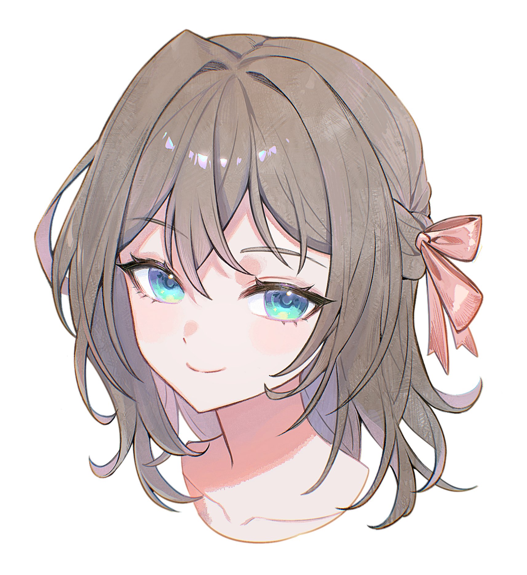 hibiwa, original, commentary, highres, korean commentary, 1girl, blue eyes, braid, brown hair, closed mouth, collarbone, hair intakes, hair ribbon, long hair, looking at viewer, portrait, ribbon, simple background, smile, solo, white background