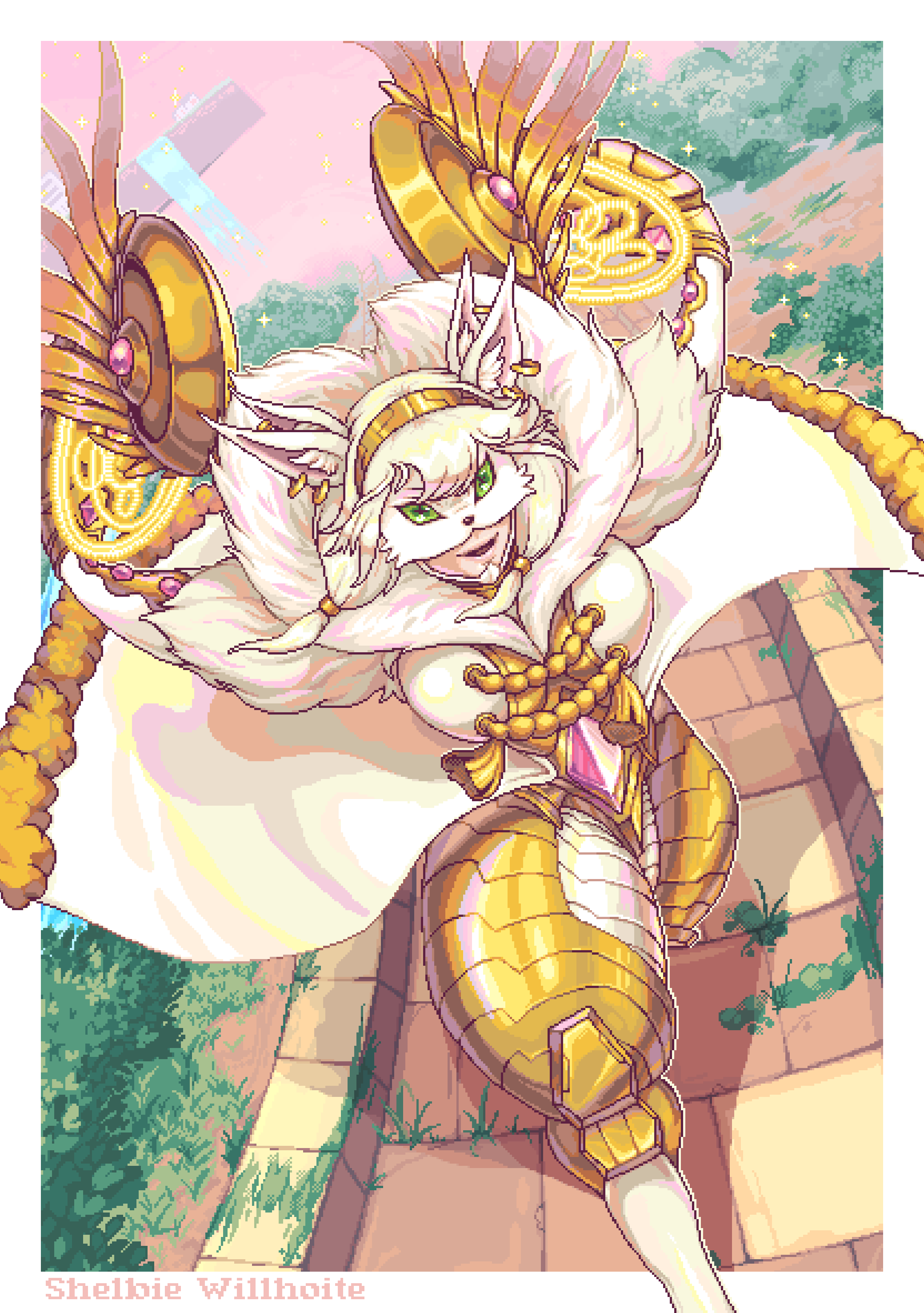 rasielmon, digimon, absurdres, commentary, english commentary, highres, + +, 1girl, animal ear fluff, animal ears, armor, arms behind back, artist name, blonde hair, breasts, brick road, cat ears, cat mask, claws, coat, digimon (creature), ear piercing, extra ears, fur trim, gem, gold armor, golden wings, green eyes, hair between eyes, holy ring, large breasts, low twintails, mask, medium hair, multiple animal ears, multiple piercings, open mouth, outside border, oversized limbs, piercing, pink gemstone, pixel art, running, shadow, shelbie willhoite, sidelocks, smile, solo, twintails, white coat, white fur, white mask, wings