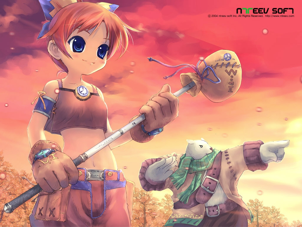 seedark, pipin, titan boo, titanboo, pangya, official art, official wallpaper, 1boy, 1girl, autumn, bear, gloves, golf, scarf