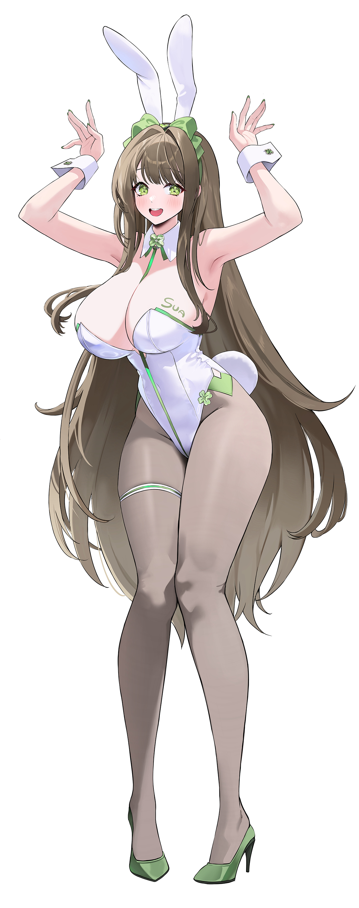 laevan, black survival, eternal return: black survival, absurdres, character request, highres, 1girl, :d, animal ears, armpits, arms up, bare arms, bare shoulders, breasts, brown hair, detached collar, fake animal ears, fake tail, full body, green eyes, green shoes, hair ornament, hairband, high heels, highleg, highleg leotard, large breasts, leotard, long hair, looking at viewer, nail polish, open mouth, pantyhose, playboy bunny, rabbit ears, rabbit pose, rabbit tail, shoes, simple background, smile, solo, standing, tail, thigh strap, thighs, white leotard, wrist cuffs