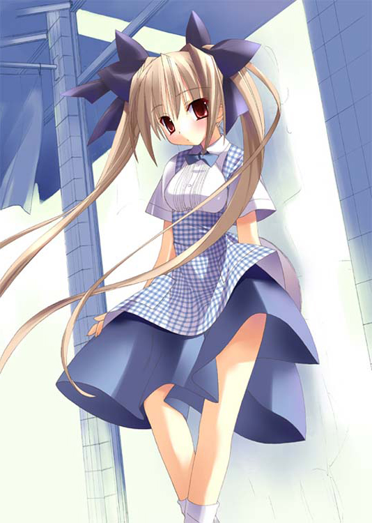 kannagi rei, original, reversed, 1girl, apron, blonde hair, blouse, blue bow, blue bowtie, blush, bow, bowtie, dress, female focus, hair bow, hair ribbon, kobeya uniform, long hair, plaid apron, plaid clothes, red eyes, ribbon, shirt, skirt, socks, solo, twintails, very long hair, waitress, white shirt, white socks