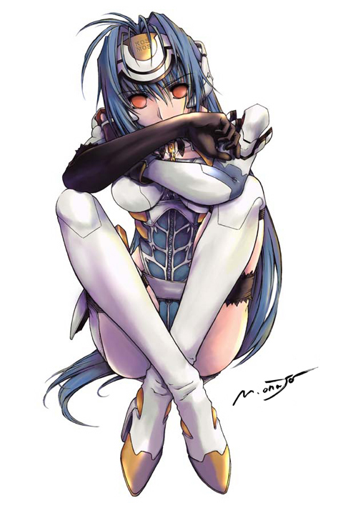 kos-mos, xenosaga, xenosaga episode i, 00s, 1girl, android, blue hair, breasts, elbow gloves, female focus, gloves, headgear, knees up, long hair, red eyes, simple background, sitting, solo, thighhighs, very long hair, white background