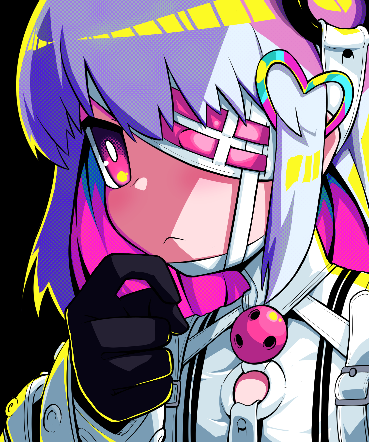 miyasaki003c, porno (dohna dohna), dohna dohna issho ni warui koto o shiyou, commentary, english commentary, highres, 1girl, black gloves, bright pupils, closed mouth, eyepatch, gag, gloves, looking ahead, o-ring, pink eyes, shirt, solo, thinking, upper body, white hair, white pupils, white shirt, wiffle gag