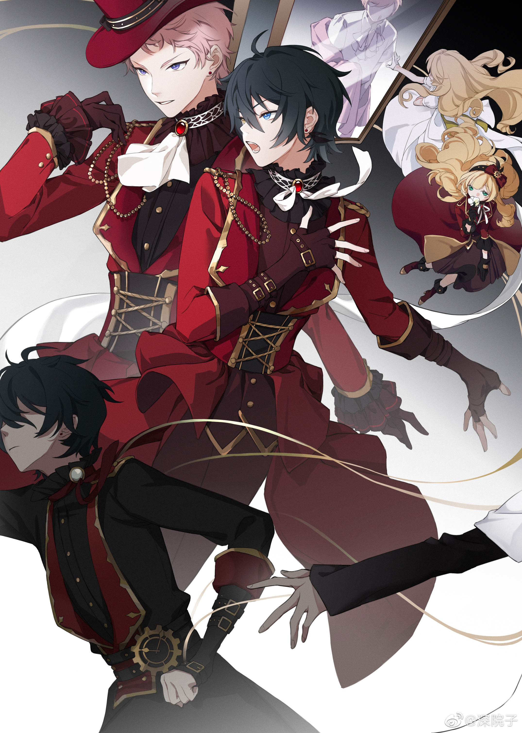 itsuki shu, kagehira mika, mademoiselle (ensemble stars!), ensemble stars!, absurdres, chinese commentary, highres, 2boys, ascot, belt, black arm warmers, black background, black belt, black coat, black corset, black hair, black shirt, blonde hair, blue eyes, brooch, brown gloves, closed mouth, coat, corset, cowboy shot, different reflection, doll, earrings, feet out of frame, fingerless gloves, frilled shirt collar, frilled sleeves, frills, gears, gloves, gold trim, gradient background, hair between eyes, hand up, hat, heterochromia, jewelry, lapels, layered sleeves, long sleeves, looking ahead, looking to the side, male focus, matching outfits, mirror, multiple boys, multiple views, neck ribbon, official alternate costume, open mouth, out of frame, outstretched arm, pants, parted lips, pink hair, pink shawl, puppet strings, purple eyes, reaching, reaching towards another, red coat, red corset, red hat, red pants, red ribbon, red shirt, reflection, reminiscence marionette (ensemble stars!), ribbon, shaded face, shawl, shen yuanzi, shirt, short bangs, short hair, short over long sleeves, short sleeves, sleeve cuffs, smile, stud earrings, top hat, v-shaped eyebrows, valkyrie (ensemble stars!), white ascot, white background, white ribbon, white shirt, yellow eyes
