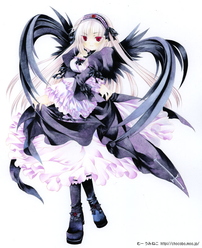 moo (umineko), suigintou, original, rozen maiden, 00s, 1girl, black wings, dress, female focus, frilled sleeves, frills, full body, goth fashion, gothic lolita, hairband, lolita fashion, lolita hairband, long hair, long sleeves, looking at viewer, puffy sleeves, red eyes, simple background, skirt hold, solo, white hair, wings