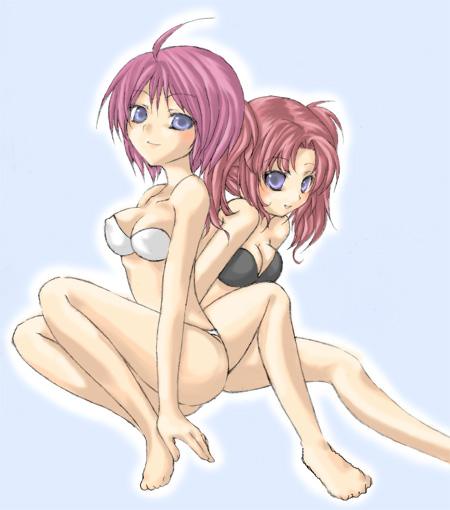 lunamaria hawke, meyrin hawke, gundam, gundam seed, gundam seed destiny, 00s, 2girls, ahoge, black bra, bra, lingerie, multiple girls, panties, siblings, sisters, strapless, strapless bra, underwear, underwear only, white bra, white panties
