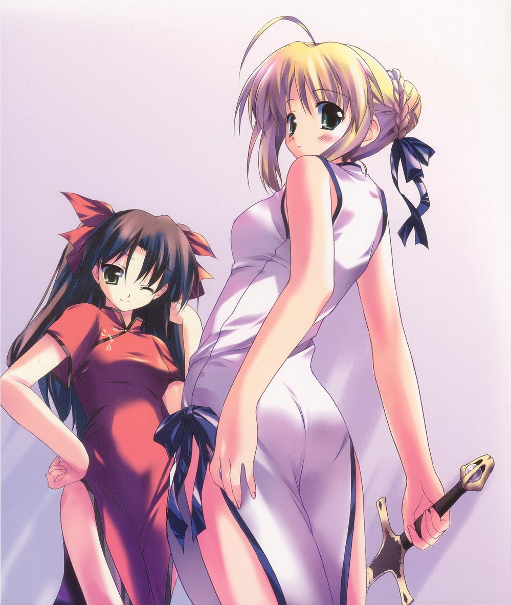 kiba satoshi, artoria pendragon (fate), saber (fate), tohsaka rin, fate/stay night, fate (series), 00s, 2girls, alternate costume, blonde hair, china dress, chinese clothes, dress, multiple girls, sword, weapon