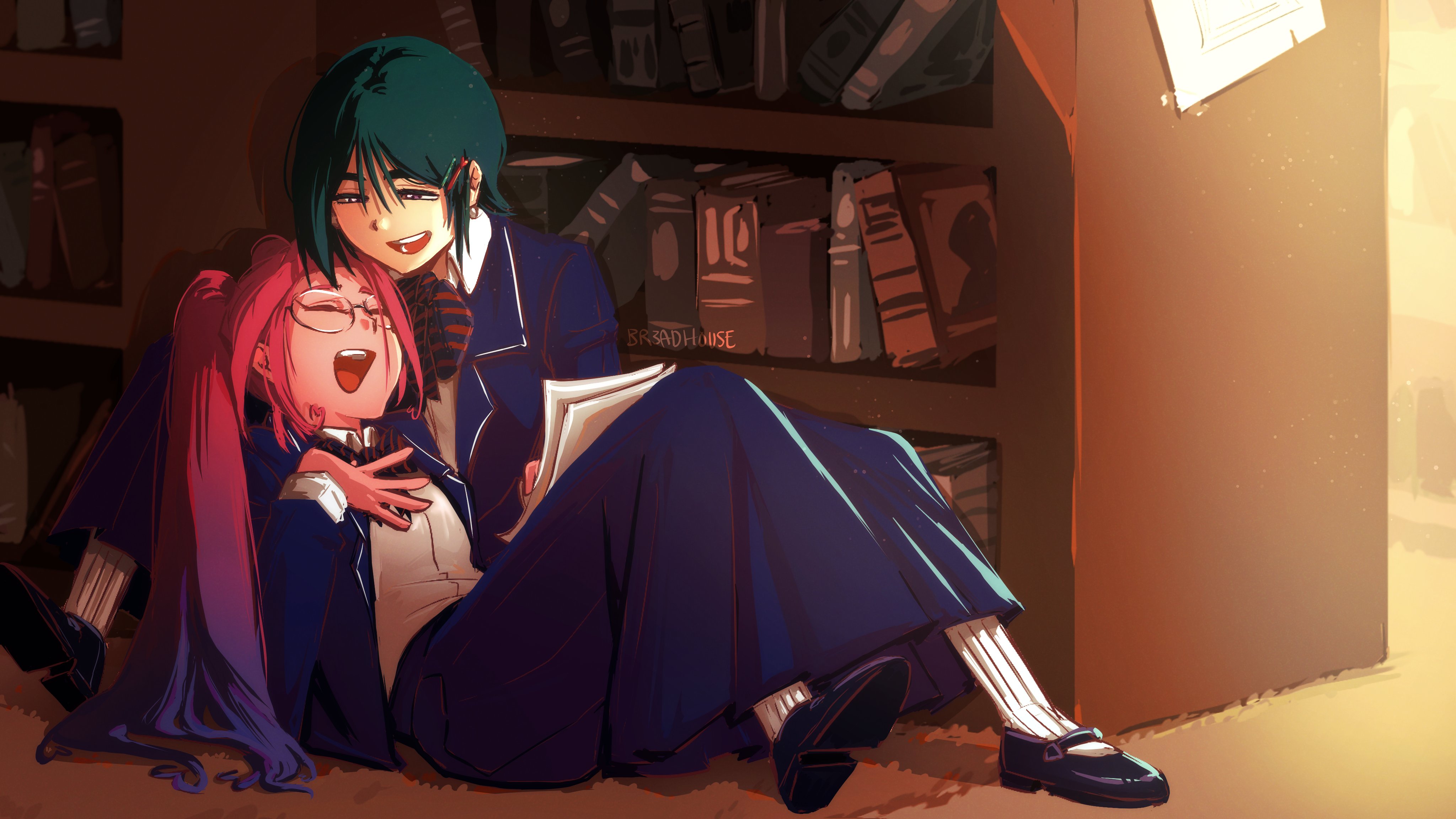 br3adhouse, mizi (alien stage), sua (alien stage), alien stage, absurdres, commentary, hashtag-only commentary, highres, 2girls, black bow, black bowtie, black hair, black shoes, blue hair, blue jacket, blue skirt, book, bookshelf, bow, bowtie, closed eyes, diagonal-striped bow, diagonal-striped bowtie, diagonal-striped clothes, glasses, hair ornament, hairclip, jacket, knees up, long hair, long skirt, long sleeves, mary janes, multicolored hair, multiple girls, official alternate costume, open mouth, pink hair, purple eyes, school uniform, shelf, shirt, shoes, sitting, skirt, smile, striped bow, striped bowtie, striped clothes, twintails, two-tone hair, very long hair, white shirt
