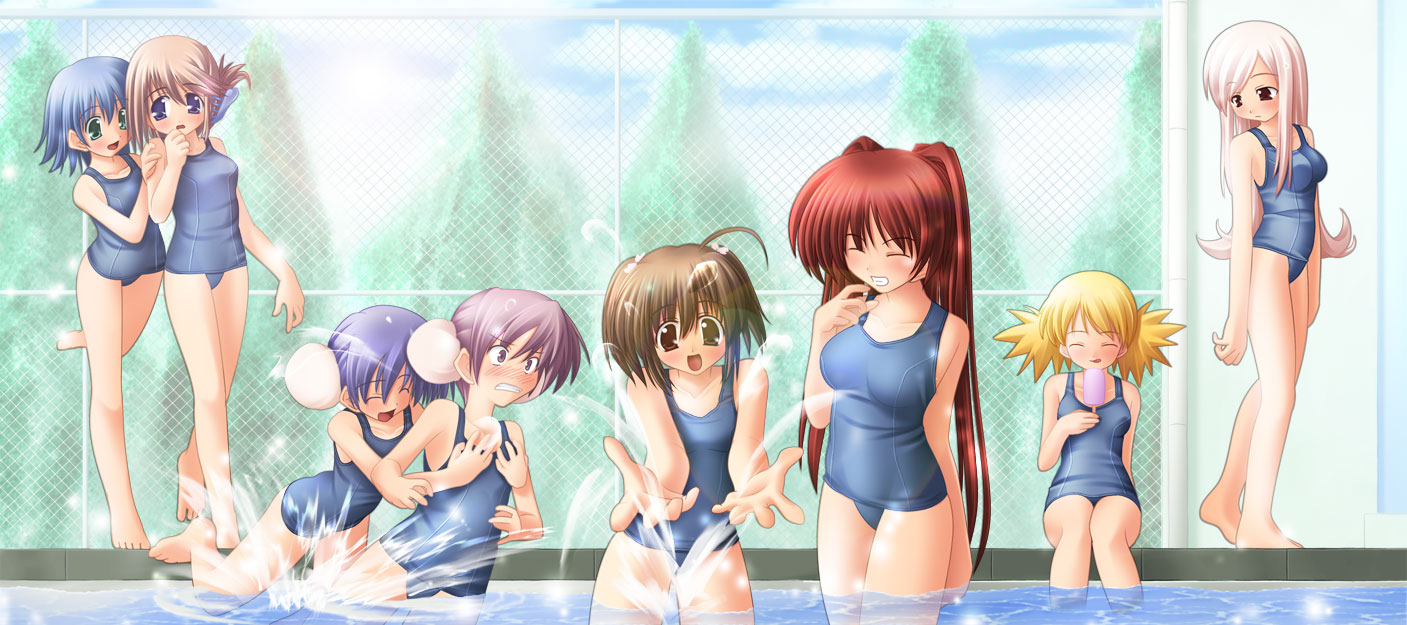 himeyuri ruri, himeyuri sango, komaki manaka, kousaka tamaki, lucy maria misora, sasamori karin, tonami yuma, yuzuhara konomi, to heart (series), to heart 2, long image, wide image, 00s, 6+girls, :d, :q, ahoge, bad anatomy, blonde hair, blue hair, blush, breasts, brown eyes, brown hair, bun cover, chain-link fence, closed eyes, day, double bun, fence, folded ponytail, food, grabbing another's breast, green eyes, groping, hair bun, hair ornament, hairclip, ice cream, medium breasts, multiple girls, one-piece swimsuit, open mouth, outdoors, pink hair, pool, poolside, popsicle, purple hair, red hair, school swimsuit, siblings, sisters, small breasts, smile, soaking feet, splashing, standing, surprised, swimsuit, tongue, tongue out, tree, twins, twintails, wading, walking