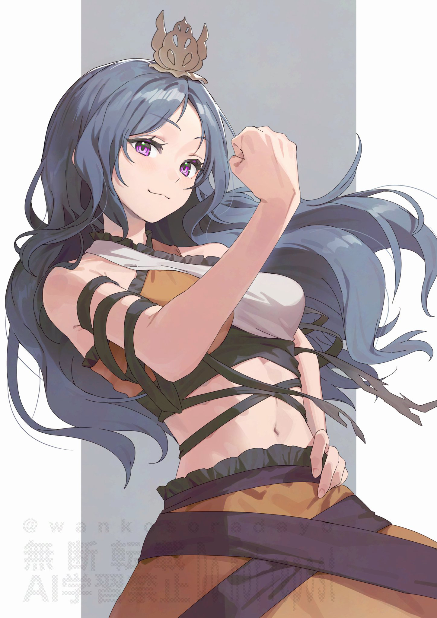 wanko sora, chirizuka ubame, touhou, highres, 1girl, arm ribbon, blue hair, clenched hand, cowboy shot, crop top, dress, hand on own hip, headpiece, midriff, multicolored dress, navel, orange skirt, orange tank top, purple eyes, ribbon, skirt, smile, smirk, solo, stomach, tank top, torn clothes, torn dress, two-tone tank top, waist ribbon