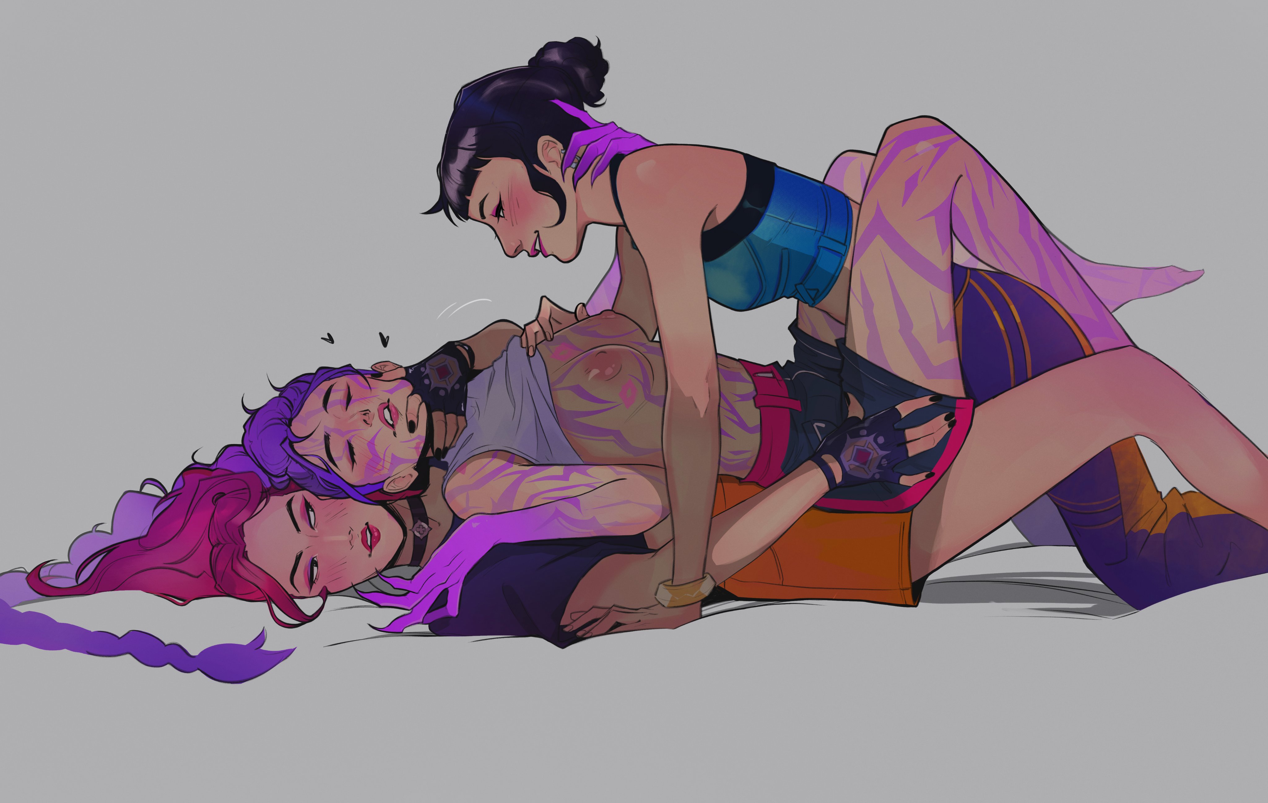 nessepack, mira (kpop demon hunters), rumi (kpop demon hunters), zoey (kpop demon hunters), kpop demon hunters, absurdres, highres, 3girls, aroused, bare legs, body markings, breasts, dutch braided ponytail, fingerless gloves, fingernails, girl sandwich, gloves, hand on another's face, leg lock, lying, medium breasts, multiple girls, nipples, on back, sandwiched, sharp fingernails, short shorts, shorts, smile, yuri