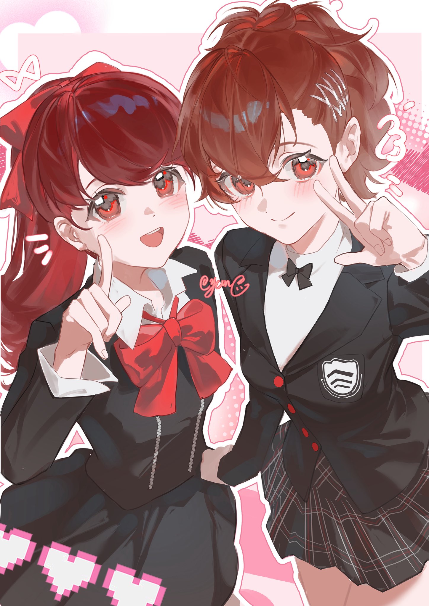yun (dl2n5c7kbh8ihcx), shiomi kotone, yoshizawa kasumi, persona, persona 3, persona 3 portable, persona 5, persona 5 the royal, highres, 2girls, black bow, black shirt, black skirt, blazer, blush, bow, closed mouth, cosplay, costume switch, gekkoukan high school uniform, hair bow, hair ornament, hairclip, heart, jacket, long sleeves, looking at viewer, multiple girls, open mouth, pink background, plaid clothes, plaid skirt, pointing, pointing up, ponytail, red bow, red eyes, red hair, school uniform, shirt, shuujin academy school uniform, skirt, smile, v