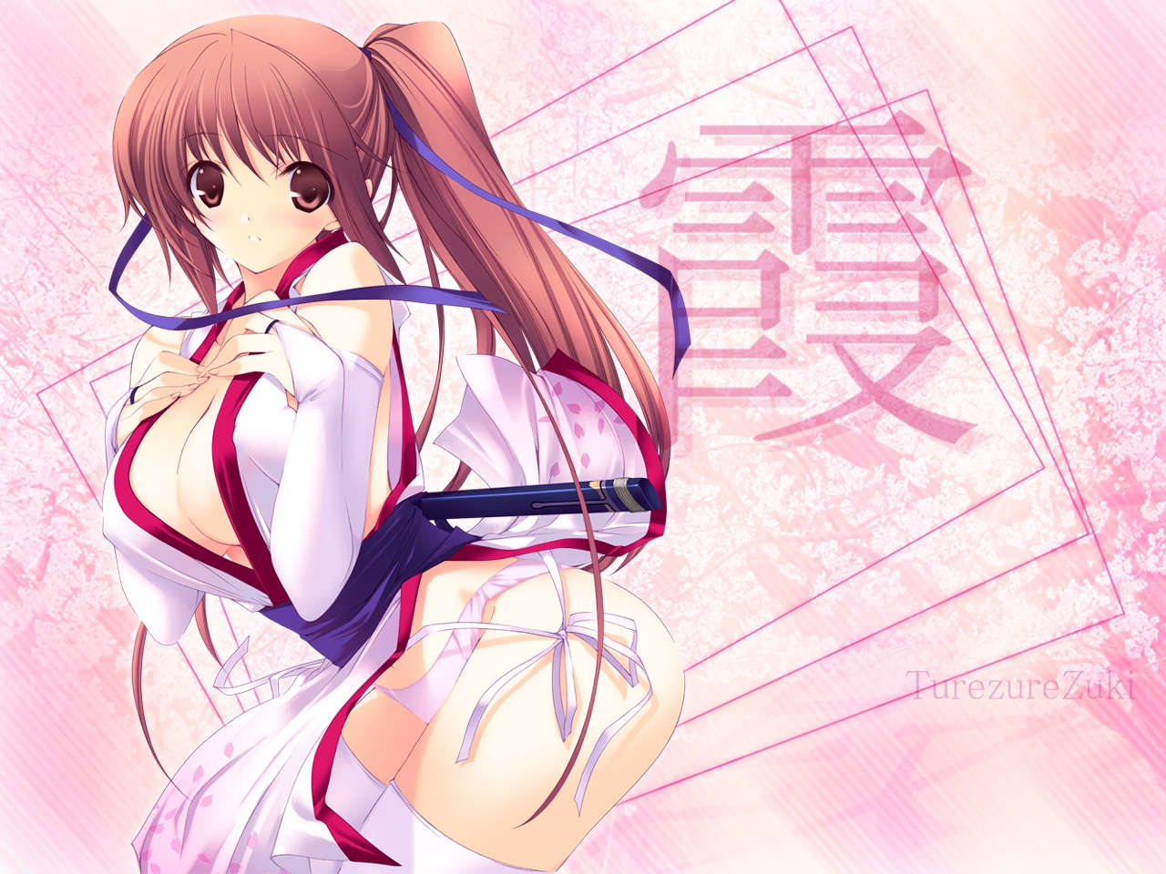 iizuki tasuku, kasumi (doa), dead or alive, tecmo, 1girl, blush, breasts, brown eyes, brown hair, cleavage, dress, female focus, hands on own chest, japanese clothes, large breasts, leaning forward, long hair, ninja, no bra, panties, pantyshot, pelvic curtain, pink panties, ponytail, solo, standing, thighhighs, underwear, white panties, white thighhighs, wind, wind lift