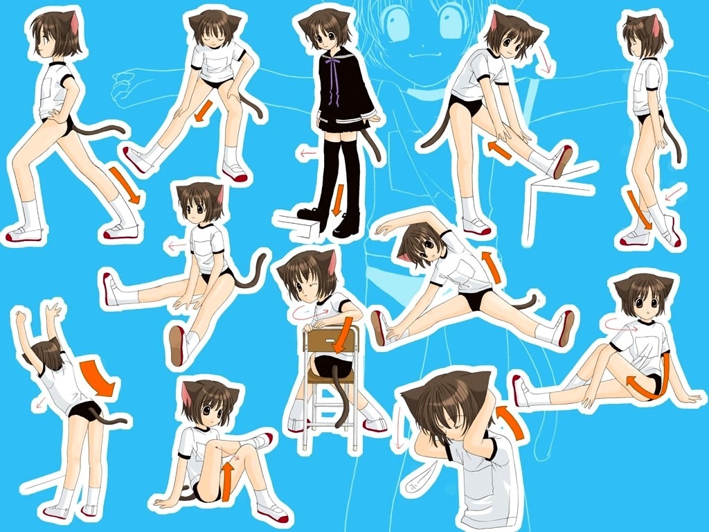 satou miiko, animal ears, buruma, cat ears, cat tail, exercising, gym uniform, multiple views, stretching, tail, thighhighs