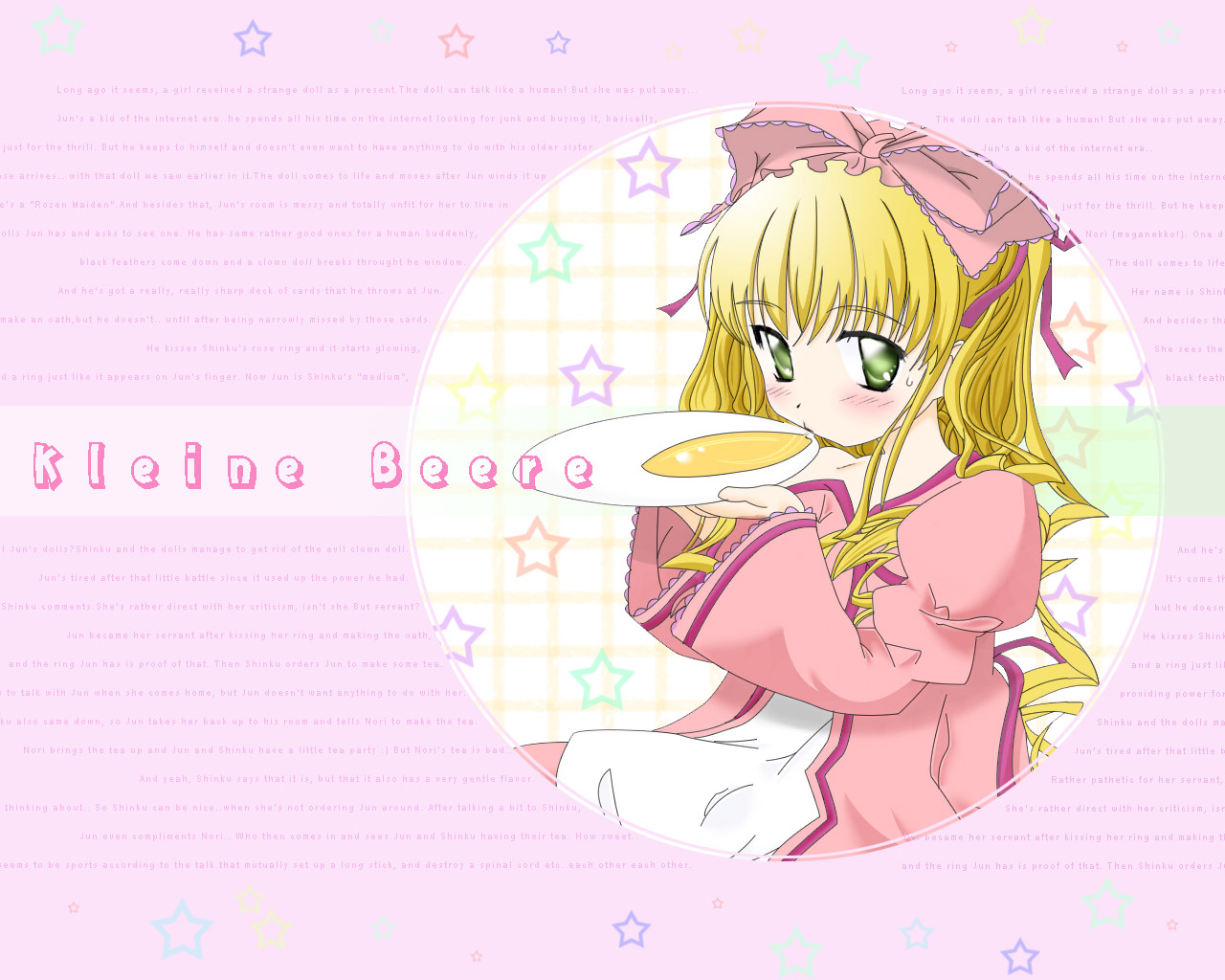 aoi kumiko, hinaichigo, rozen maiden, 00s, 1girl, blonde hair, bow, drinking, female focus, green eyes, pink bow, ribbon, solo