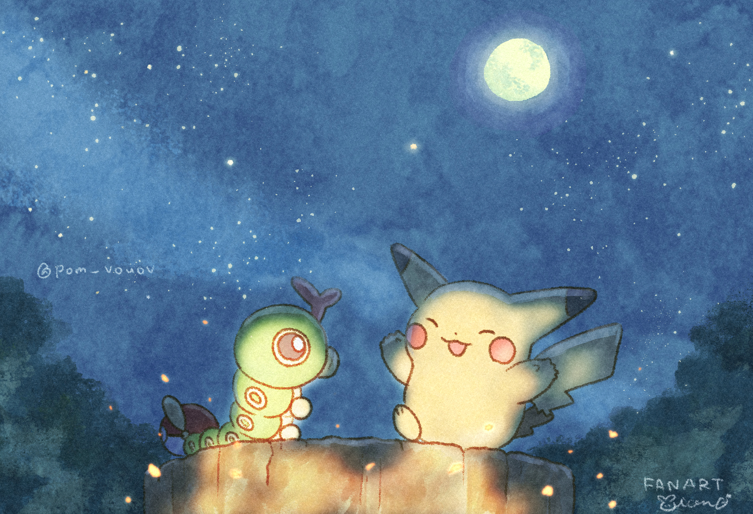 mian (user kwcj2833), caterpie, pikachu, nintendo, pokemon, pokemon (anime), pokemon (classic anime), commentary request, mixed-language commentary, animal focus, closed eyes, dot nose, full moon, gen 1 pokemon, moon, night, night sky, no humans, on tree stump, open mouth, outdoors, poke ball, poke ball (basic), pokemon (creature), pokemon focus, scene reference, signature, sky, smile, star (sky), starry sky, twitter username
