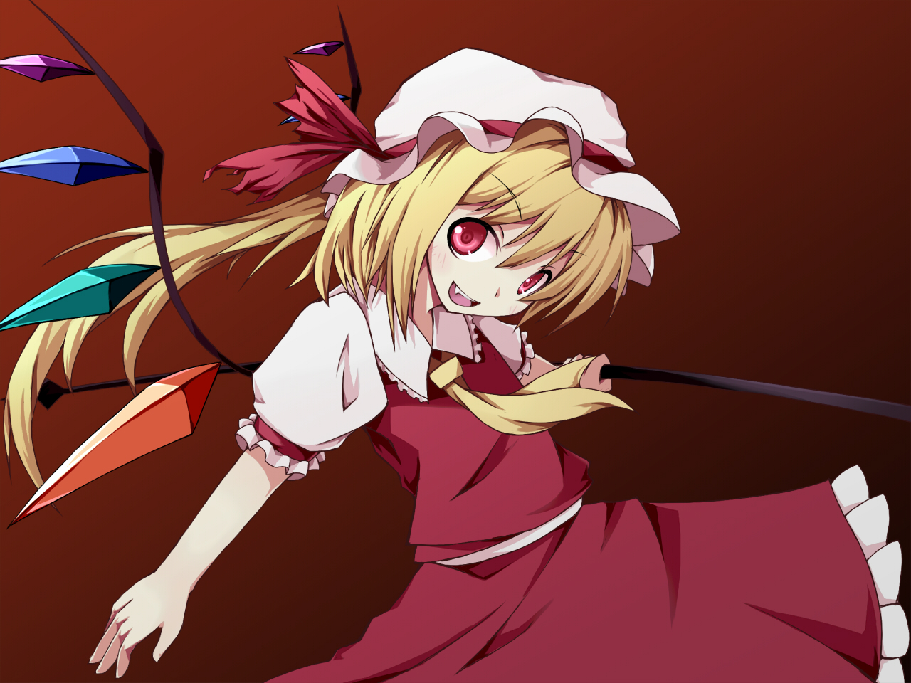 flandre scarlet, touhou, commentary request, 1girl, ascot, blonde hair, collared shirt, crystal, crystal wings, frilled shirt collar, frilled skirt, frills, gradient background, hat, hat ribbon, holding, looking at viewer, mob cap, multicolored wings, n/tal (76664), open mouth, red background, red eyes, red skirt, red vest, ribbon, shirt, skirt, skirt set, smile, solo, vest, white hat, white shirt, wings, yellow ascot