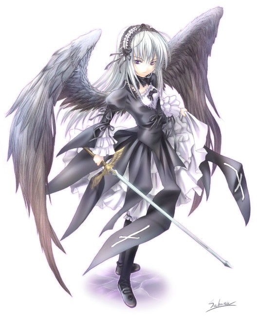 sabamu, suigintou, rozen maiden, silver hair, 00s, angel, purple eyes, solo, sword, weapon, wings