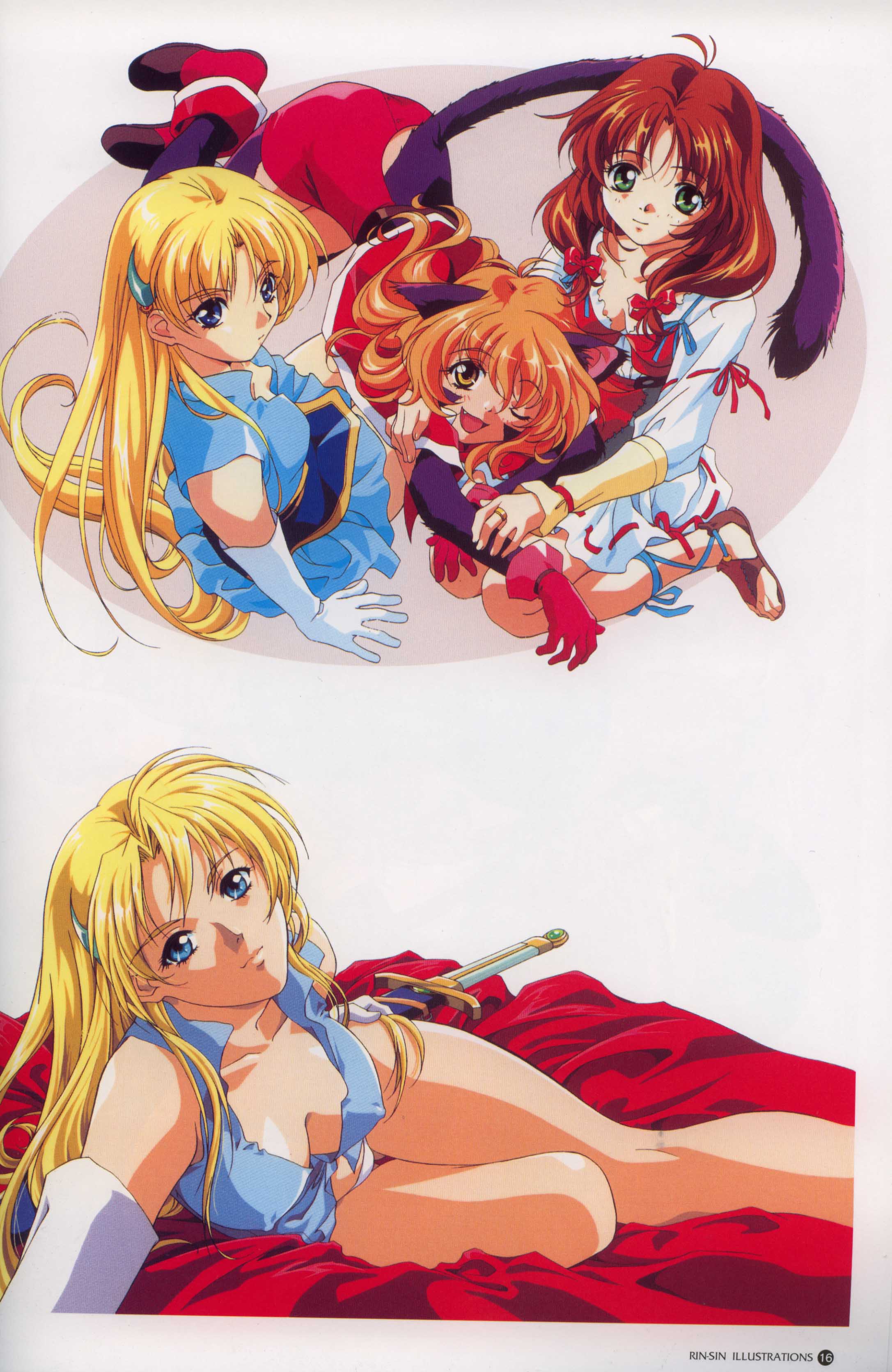 rin-sin, mew (words worth), nina (words worth), sharon (words worth), words worth, absurdres, highres, 3girls, animal ears, bare legs, blonde hair, blue eyes, cat ears, crescent, crescent hair ornament, green eyes, hair ornament, long hair, multiple girls, smile, sword, thigh gap, weapon