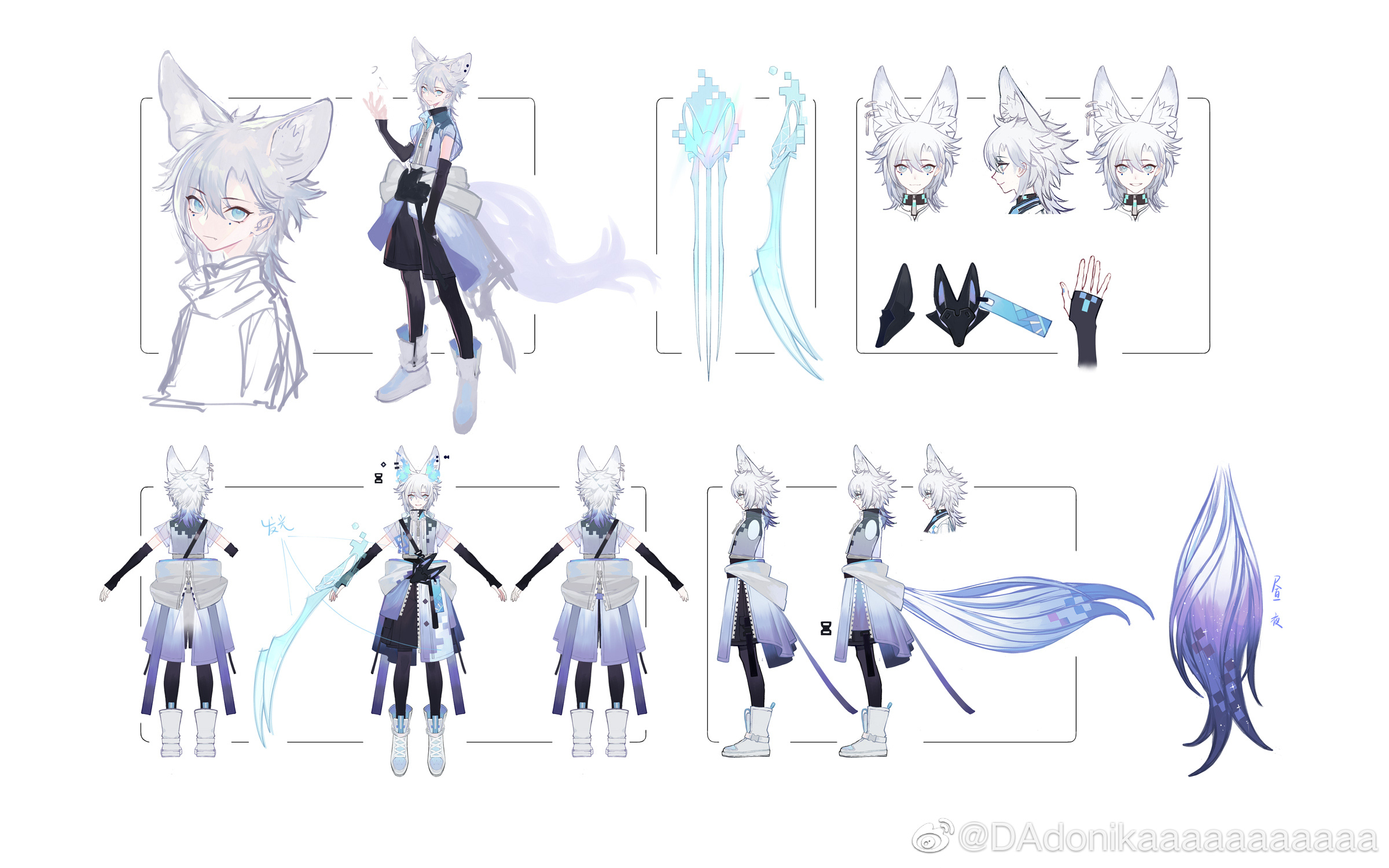 dadonikaaaaaaaaaaa, amami kanade (forever 7th capital), forever 7th capital, chinese commentary, highres, official art, 1boy, alternate costume, animal ears, black arm warmers, black pantyhose, black shirt, black shorts, blue eyes, blue fire, blue jacket, boots, claw (weapon), closed mouth, cropped torso, curtained hair, drawstring, earrings, expressionless, fire, flaming ears, fox boy, fox ears, fox ornament, fox tail, full body, grey hair, hair between eyes, hand in pocket, hand up, jacket, jewelry, looking at viewer, looking to the side, male focus, medium hair, mole, mole under each eye, mole under eye, multiple moles, multiple views, open clothes, open jacket, pantyhose, pixelated, purple tail, reference sheet, see-through clothes, see-through jacket, shirt, short-sleeved jacket, short sleeves, shorts, shoulder strap, simple background, sleeveless, sleeveless jacket, solo, standing, tail, turnaround, turtleneck, turtleneck shirt, v-shaped eyebrows, waist cape, watermark, weapon, weibo watermark, white background, white boots, white jacket, zipper, zipper pull tab