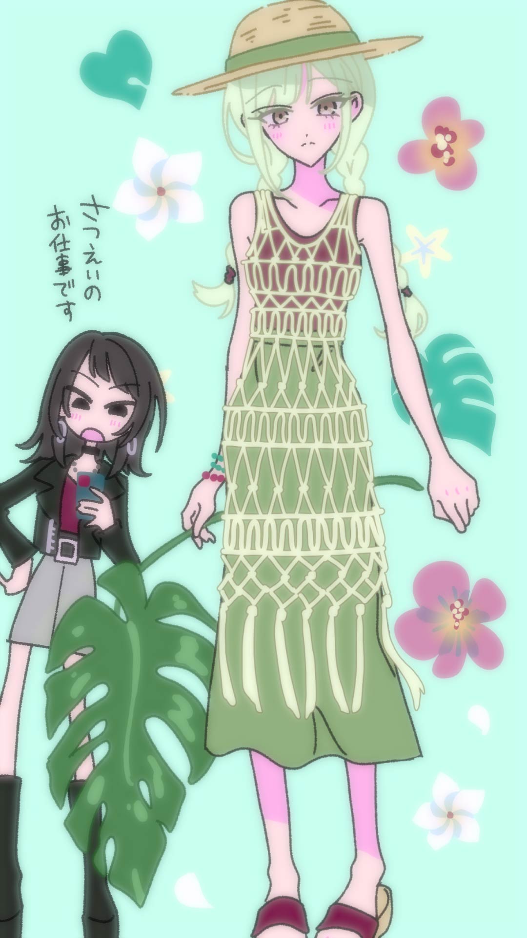 himitsu (iemaki), wakaba mutsumi, yahata umiri, bang dream!, bang dream! it's mygo!!!!!, commentary request, highres, partial commentary, translation request, 2girls, black hair, black jacket, blush, braid, closed mouth, green hair, green skirt, grey skirt, jacket, leaf, long hair, multiple girls, red tank top, skirt, tank top, twin braids, yellow eyes